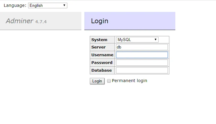 Adminer Login Window