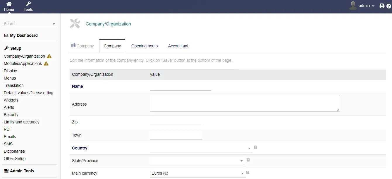 Dolibarr Configure Company Details