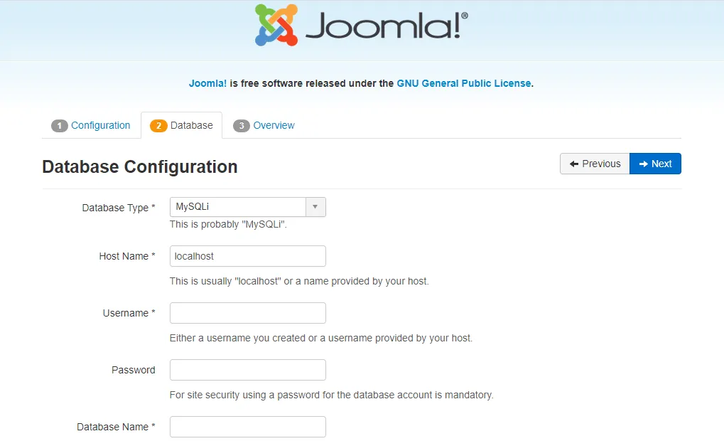 Joomla Database Configuration