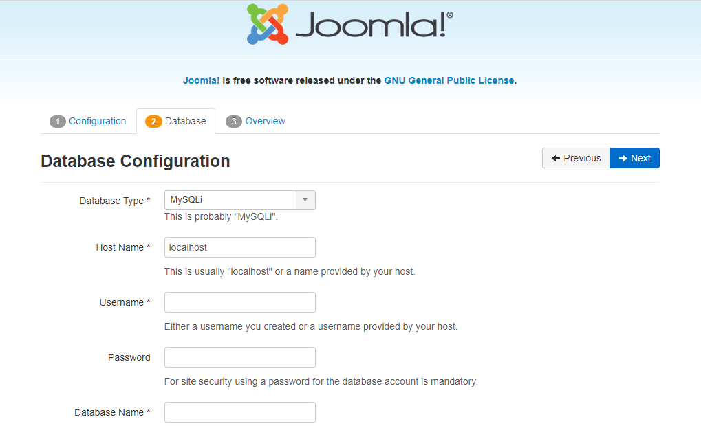 Joomla Database Configuration