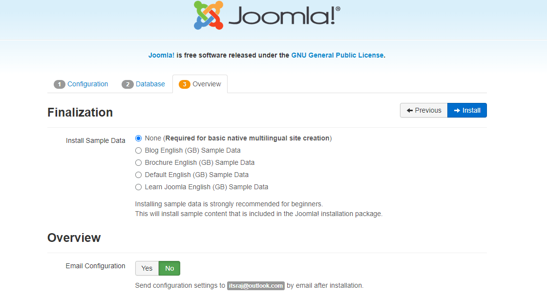 Joomla Finalize Configuration