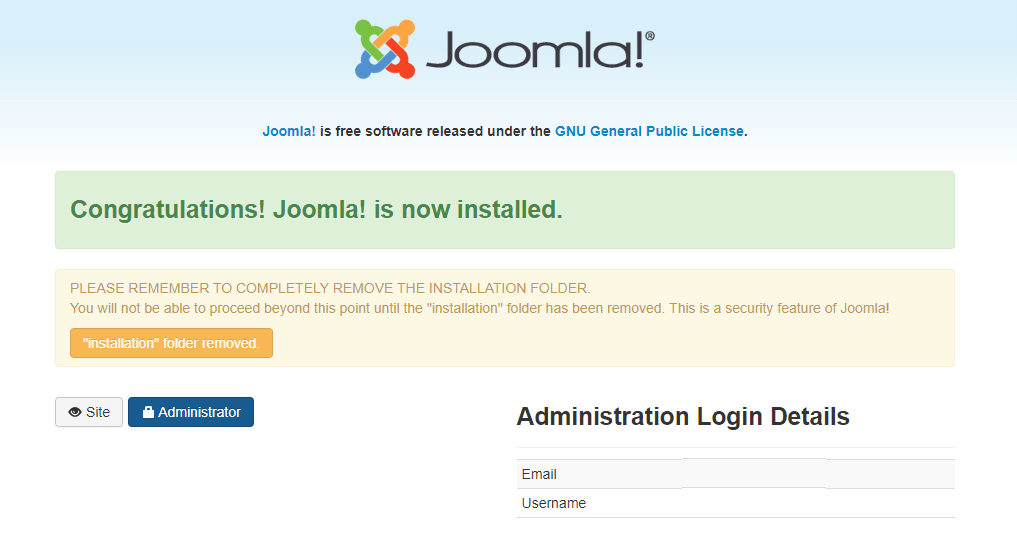 Joomla Installation Complete – Installation Folder Removed
