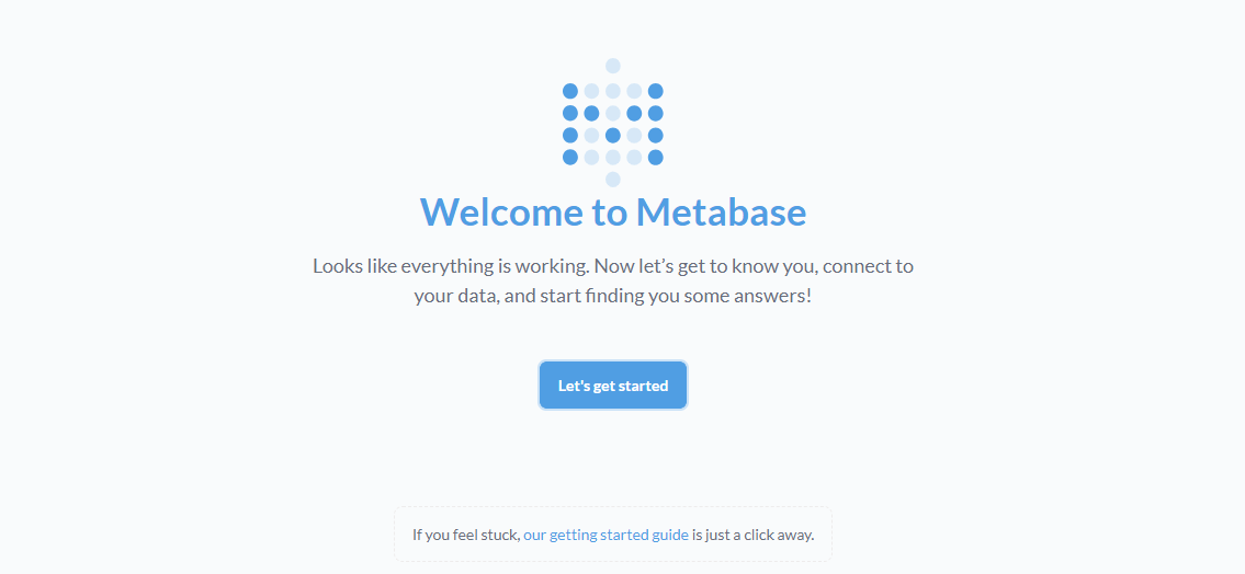 Welcome screen to configure Metabase