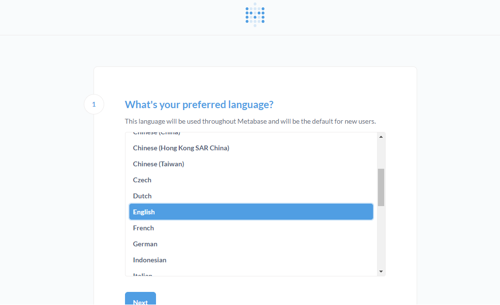 Metabase Language Selection page
