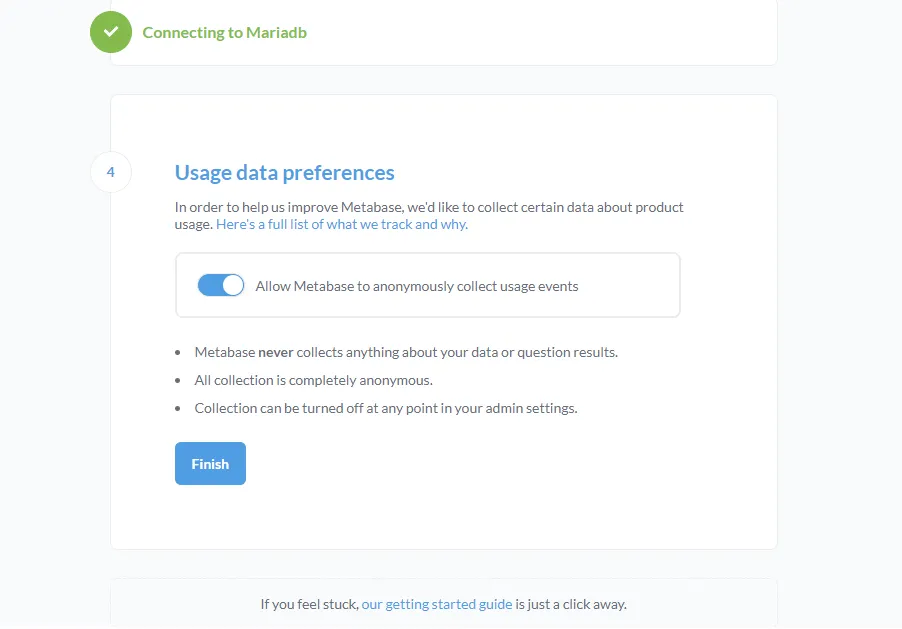 Metabase user preferences page