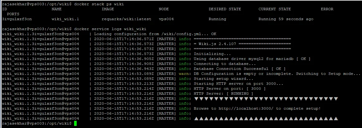 Wiki.js Docker Stack Status and Logs