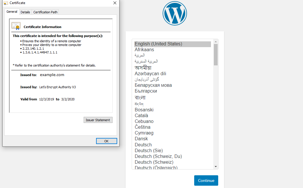 WordPress Installation – Language Selection
